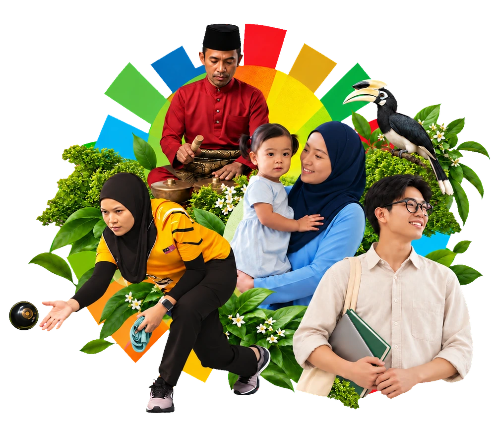 Communities, education, sport and cultural heritage with an Oriental pied hornbill behind the mother and child, surrounded by greenery and SDG colours