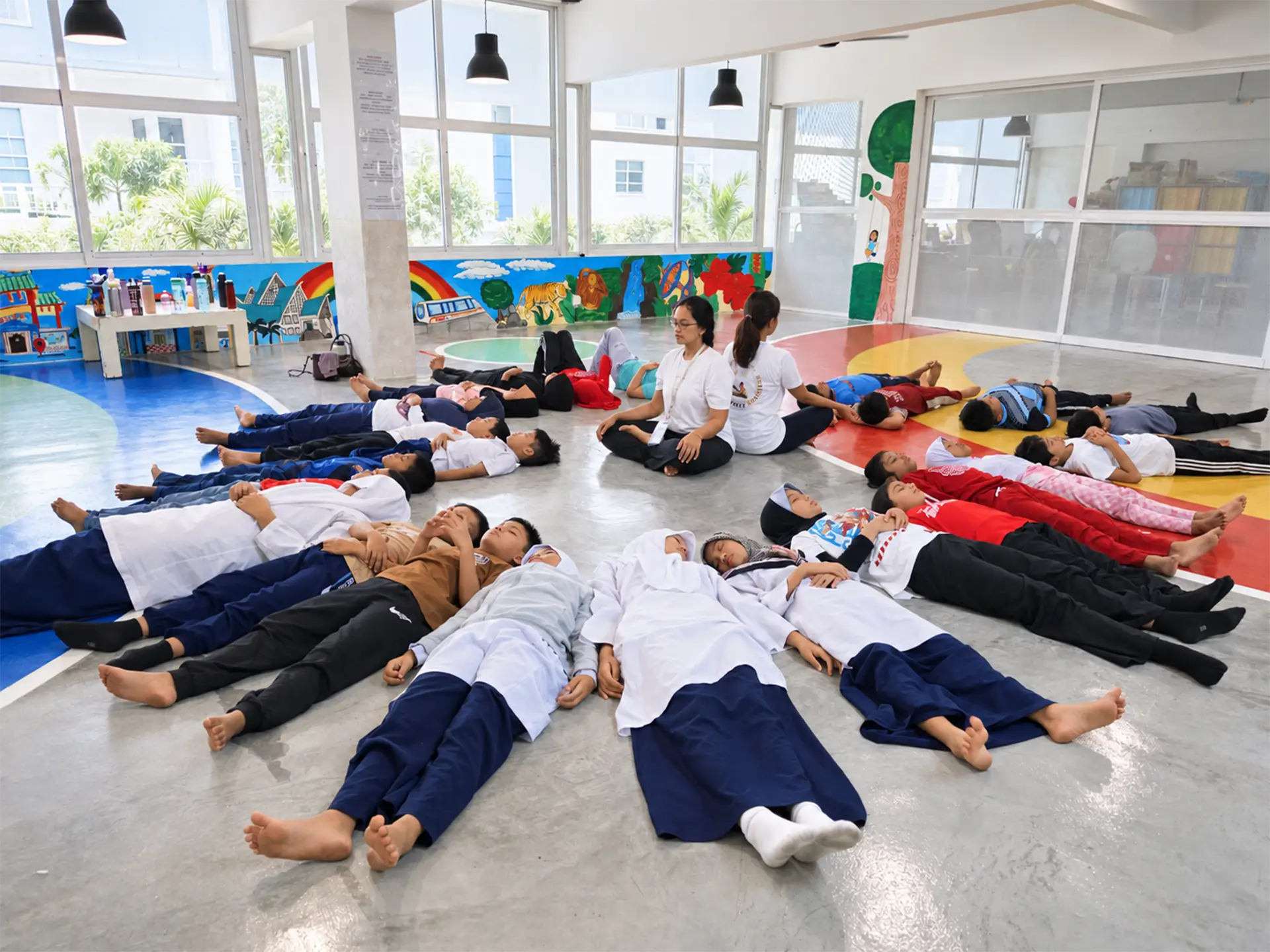 Schoolchildren taking part in a guided relaxation activity in a colourful learning space